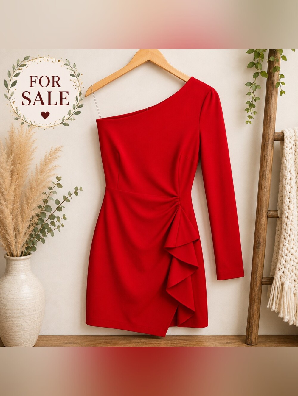 Asymmetric One-Shoulder Red Long-Sleeve Ruffle Dress